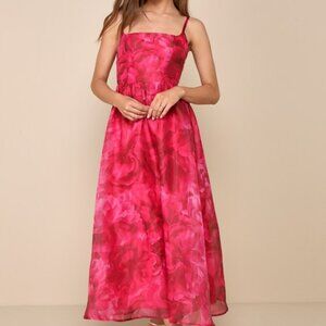 Lulus Darling Icon Dark Pink Floral Organza Lace-up Midi Dress - Size L